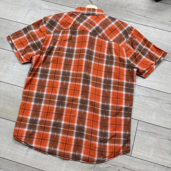 Prana Slim Fit Plaid Shirt Men Sz XL Red Brown Short Sleeve Outdoor Western Golf - Picture 6 of 9